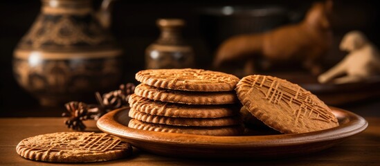 Canvas Print - A plate of cookies, a type of baked goods, is displayed on a wooden table. These sweet finger foods are made with ingredients like flour, sugar, and butter