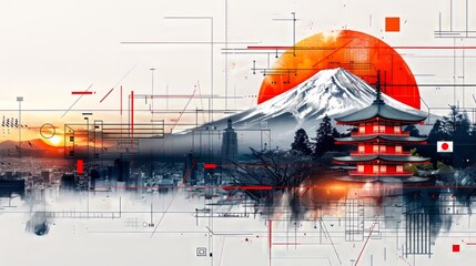 Mount Fuji japan. double exposure contemporary style minimalist artwork collage illustration. Ai generative.