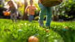 family with Kids on an Easter egg hunt in a blooming spring garden. Children having fun in park. Easter egg hunt concept