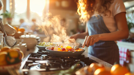 family cooking an easter meal in the kitchen, easter gatherings, featuring shared meals, lively conv