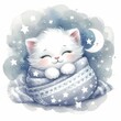 watercolor illustration of cute baby white cat sleeping for baby nursery kids room children' s room decor