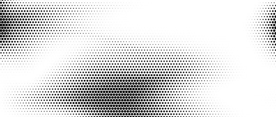 Wall Mural - Hexagon halftone gradient texture. Abstract black white hex grunge background. Geometric retro tech wallpaper. Fading wavy hexagonal pattern backdrop. Vector vanishing honeycomb grunge overlay