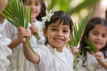 Joyful children with palm leaves at festive event