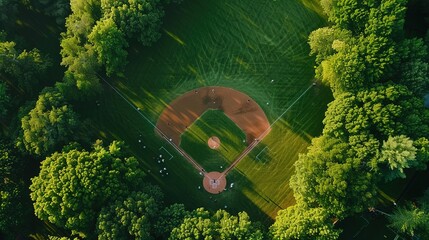 Wall Mural - An aerial UHD view of a baseball diamond surrounded by lush greenery, with players engaged in a friendly game and the sound of bat meeting ball echoing through the air.