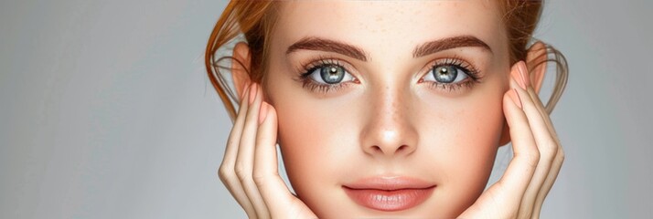 Wall Mural - Beautiful young woman with healthy skin and natural makeup touching her face on studio background