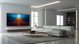 Fototapeta  - 3d TV in the white room. tv hanging on wall. room concept. 