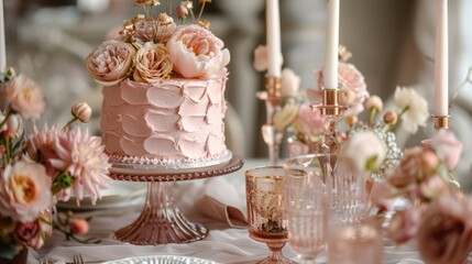 Luxury wedding table with a beautiful pink cake decorated with mastic and rose gold in antique classic expensive interior. the concept of chic wedding desserts