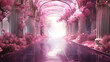 pink flowers, fantasy portal with pink flowers of hall for wedding ceremony