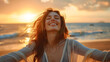 © Prasanth - Backlit Portrait of calm happy smiling free woman with open arms and closed eyes enjoys a beautiful moment life on the seashore at sunset generative ai
