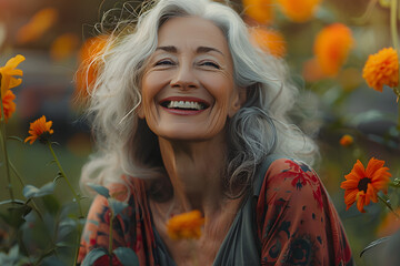 Sticker - Beautiful gorgeous 50s mid age beautiful elderly senior model white woman in the garden with grey hair laughing and smiling. Mature old lady close up portrait