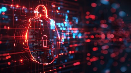 Poster - A red digital lock signifies robust cybersecurity on a dynamic, high-tech circuit board background.