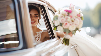 beautiful bride in car celebrating just married