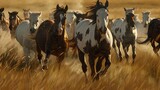 Fototapeta  - American Paint Horse in the Herd and Running, 8K  Landscape Photo Realistic - Generative AI