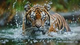 Fototapeta Panele - Amur Tiger Playing in The Water, Siberia. Dangerous Animal, Russia. Animal in Green Forest Stream. Siberian Tiger Splashing Water, 8K Photo - Generative AI