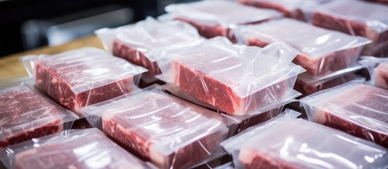 Wall Mural - A pile of animal products, specifically meat, wrapped in plastic, sits on a table. The magenta packaging contrasts with the natural material