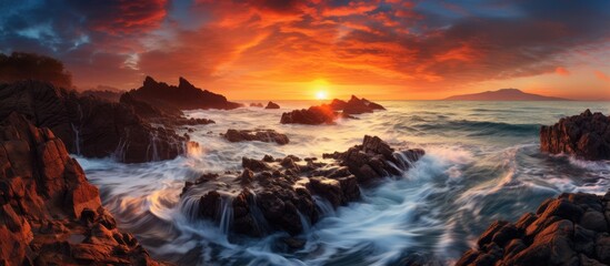 Poster - As the sun sets, the sky is painted with vibrant colors over a rocky beach. Waves crash against the rocks, creating a mesmerizing natural landscape