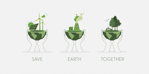 Aufkleber - Set of Hands holding a green globe, earth. Earth Day, World Environment Day concept. Sustainable ecology and environment conservation concept design. Vector illustration.