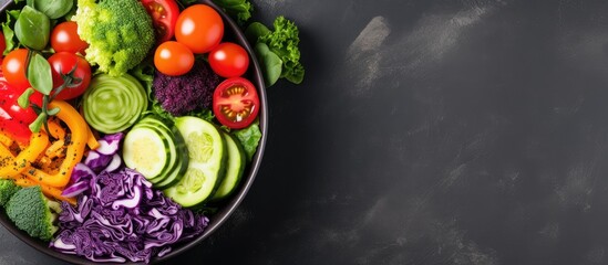 Poster - A dish filled with a variety of fresh vegetables, including leafy greens like cucumbers, on a black table. Perfect for a nutritious and colorful meal