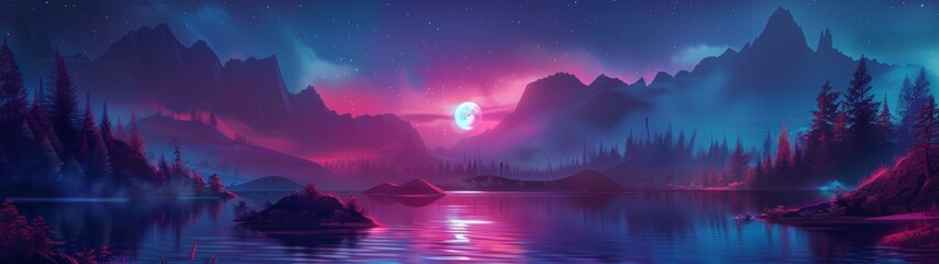 Wall Mural - Beautiful moon with retro neon style mountains with a large panoramic lake 32:9 in high resolution and high quality. retro concept