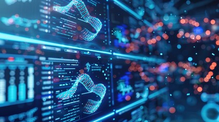 Poster - Futuristic DNA strand analysis on screens - Advanced DNA sequencing and analysis concept represented by 3D DNA strands with digital data on screens, symbolizing biotechnology research