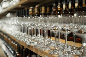 Rows of wine glasses growing together are visible on the boundary of rows of alcohol bottles.