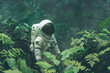 A lone astronaut exploring a minimal otherworldly jungle.