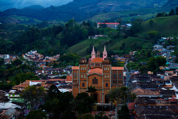 Wall Mural - Aerial view of the Jerico Cathedral (Colombia) at dusk