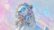 A majestic lion sculpture is bathed in iridescent light, giving it a powerful and otherworldly appearance