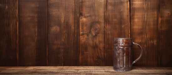 Wall Mural - A brown beer mug rests on a wooden table against a brown wooden wall. The hardwood plank flooring complements the varnished wood stain, creating a warm and inviting atmosphere