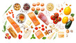 An array of nutritious food items, with a focus on fresh produce and protein-rich foods, arranged on a white background