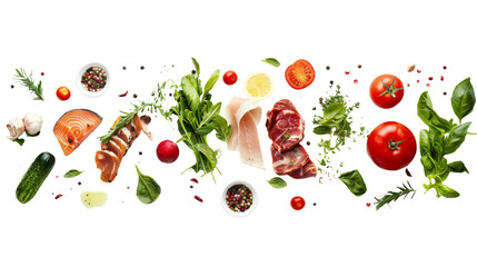 Artfully arranged suspended meat, vegetables, and herbs suggesting movement and freshness