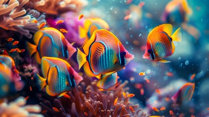 Sticker - Vibrant Underwater Seascape with Tropical Butterflyfish Swimming Among Coral Reefs