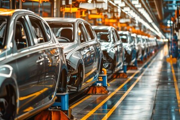 Poster - A line of cars are being manufactured in a factory