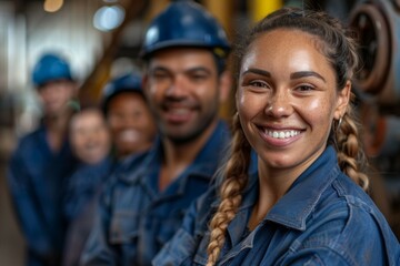 Wall Mural - A group of people wearing blue work clothes and smiling