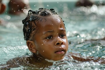 Wall Mural - A young black boy is in the water, splashing around and having fun