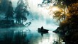  A solitary figure rows a boat on a mist-covered lake, surrounded by autumnal trees and the soft glow of sunrise.
