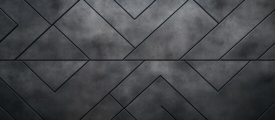 Poster - A close up of a grey tile floor with a symmetrical geometric pattern of triangles and rectangles in monochrome photography, contrasted against darkness