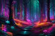 Illustration of neon forest. Glowing, colorful, fairytale-like fantasy. Vibrant and enchanting imagery. 