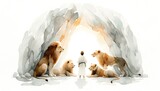 Fototapeta Panele - Daniel in the lions' den. Daniel and the Very Hungry Lions. Digital watercolor painting.