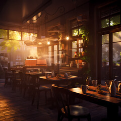 Canvas Print - A cozy coffee shop with steaming cups and warm lights