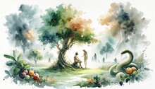 Adam And Eve In The Garden Of Eden. Digital Illustration. Man And Woman In A Beautiful Garden With A Snake On A Tree.