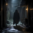 A mysterious figure in a hooded cloak in a dark alley
