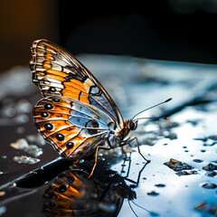 Sticker - Macro shot of a butterfly on a metallic surface. -