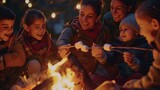 Fototapeta  - A family is gathered around a campfire roasting marshmallows and huddled close together. The parents are telling stories of their own childhood adventures while the children