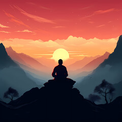 Poster - Silhouette of a person meditating on a mountaintop 