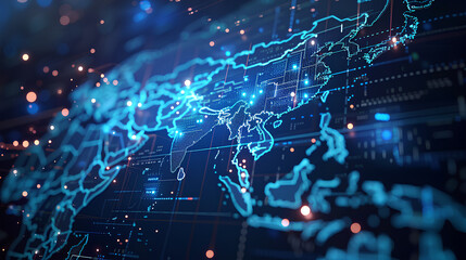 Poster - Digital map of Asia, concept of global network and connectivity, data transfer and cyber technology, business exchange, information and telecommunication 
