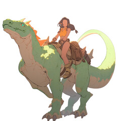 Illustration of a faceless woman riding an ancient animal with a green body