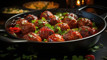 Wall Mural - meatballs with melted tomato sauce on a bowl with a black and blur background