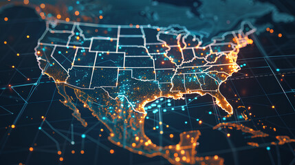 Poster - Digital map of USA, concept of North America global network and connectivity, data transfer and cyber technology, information exchange and telecommunication 