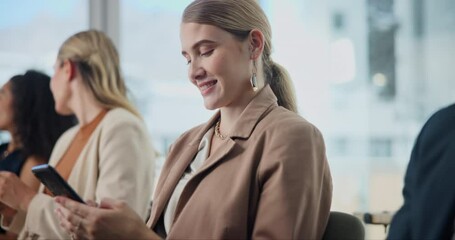 Poster - Business woman, phone and waiting room with communication, chat and networking for job search. Professional people typing, laughing and happy on mobile for website recruitment, career or social media